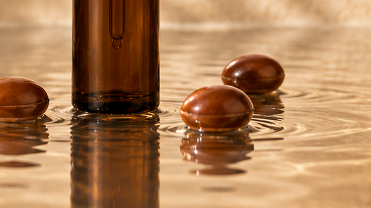 Macro of argan nuts resting in the rippled water